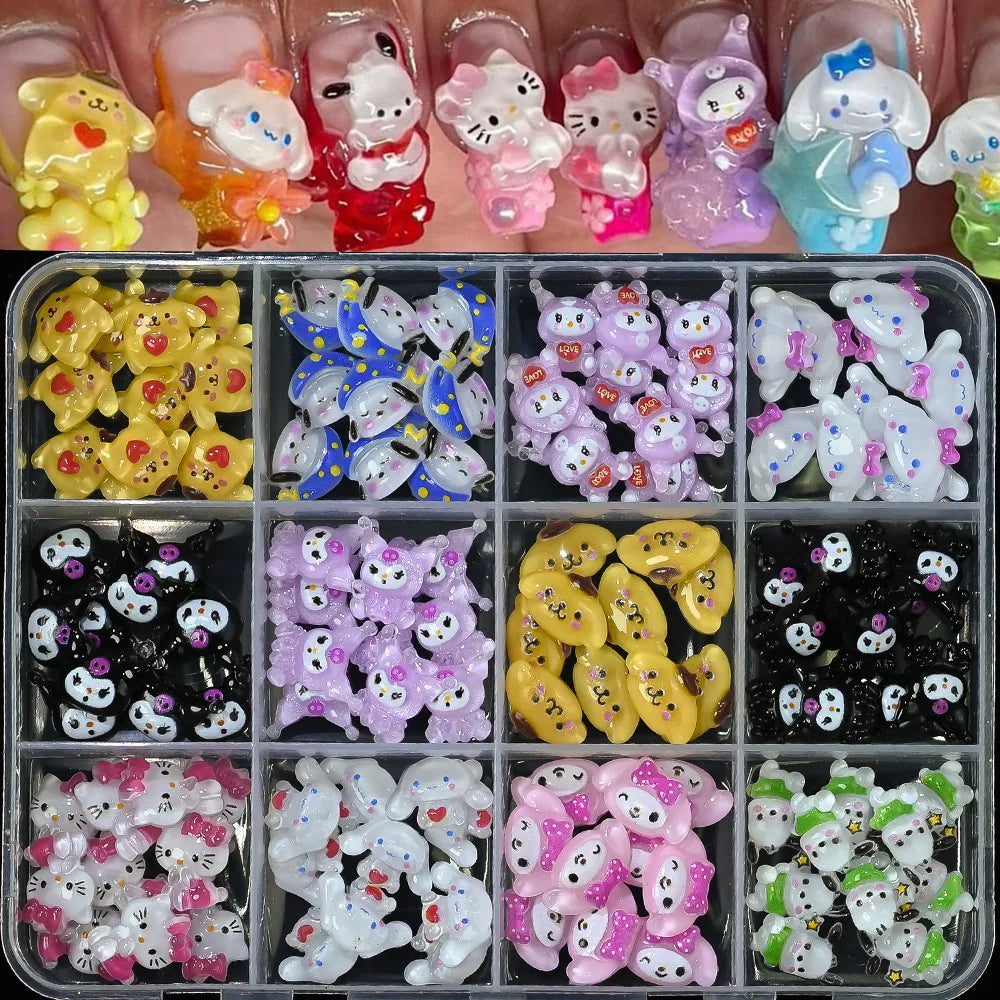 120PCS Box Mixed Hello Kitty 3D Nail Charms Cute Cartoon Resin Ornaments Kawaii DIY Nail Art Manicure Decor Accessories