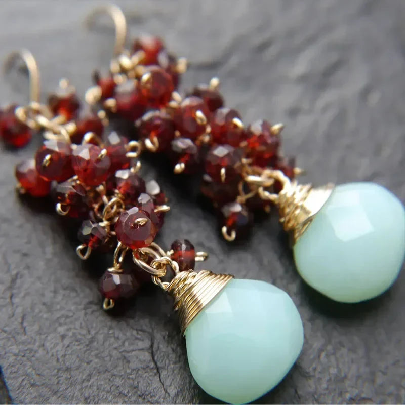Aqua Chalcedony Labradorite Cluster Wire Wrapped Dangle Earrings
