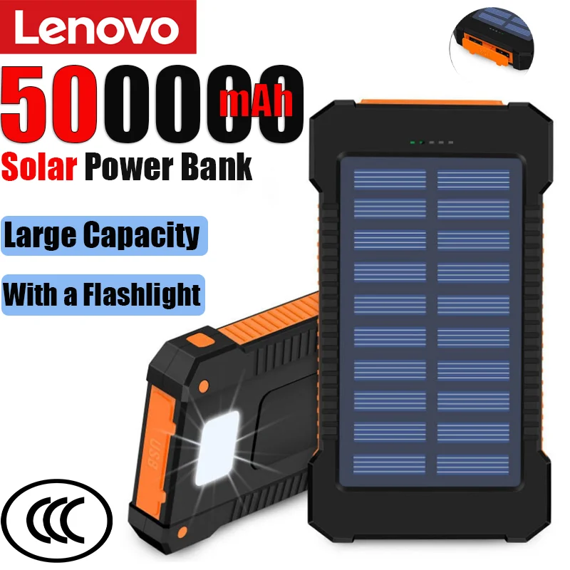 Lenovo 500000mAh Solar Power Bank Super Fast Charging Large Capacity Portable External Battery for iPhone Outdoor Emergency