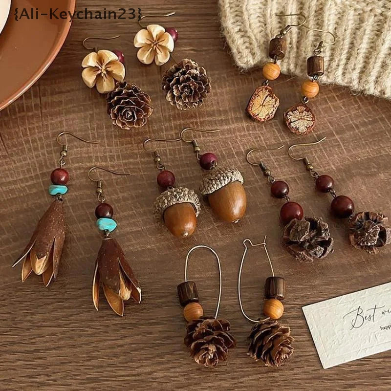 1Pair Vintage Wooden Plant Earring For Women Creative Natural Plant Dried Fruits Drop Earrings Ethnic Jewelry
