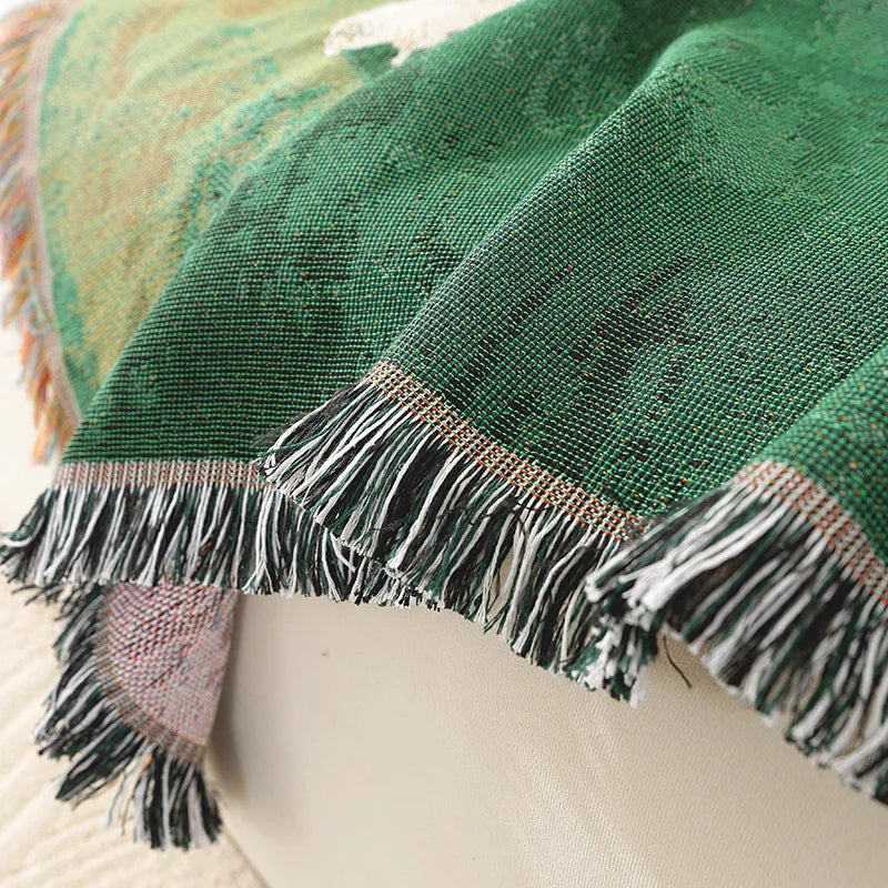 Textile City Sheep Herd Green Meadow Jacquard Woven Throw Blanket Whimsical Countryside Farm Animal Fringed Decor Sofa Blanket