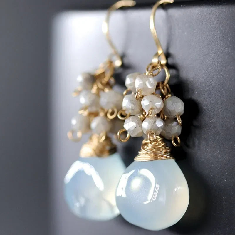 Aqua Chalcedony Labradorite Cluster Wire Wrapped Dangle Earrings