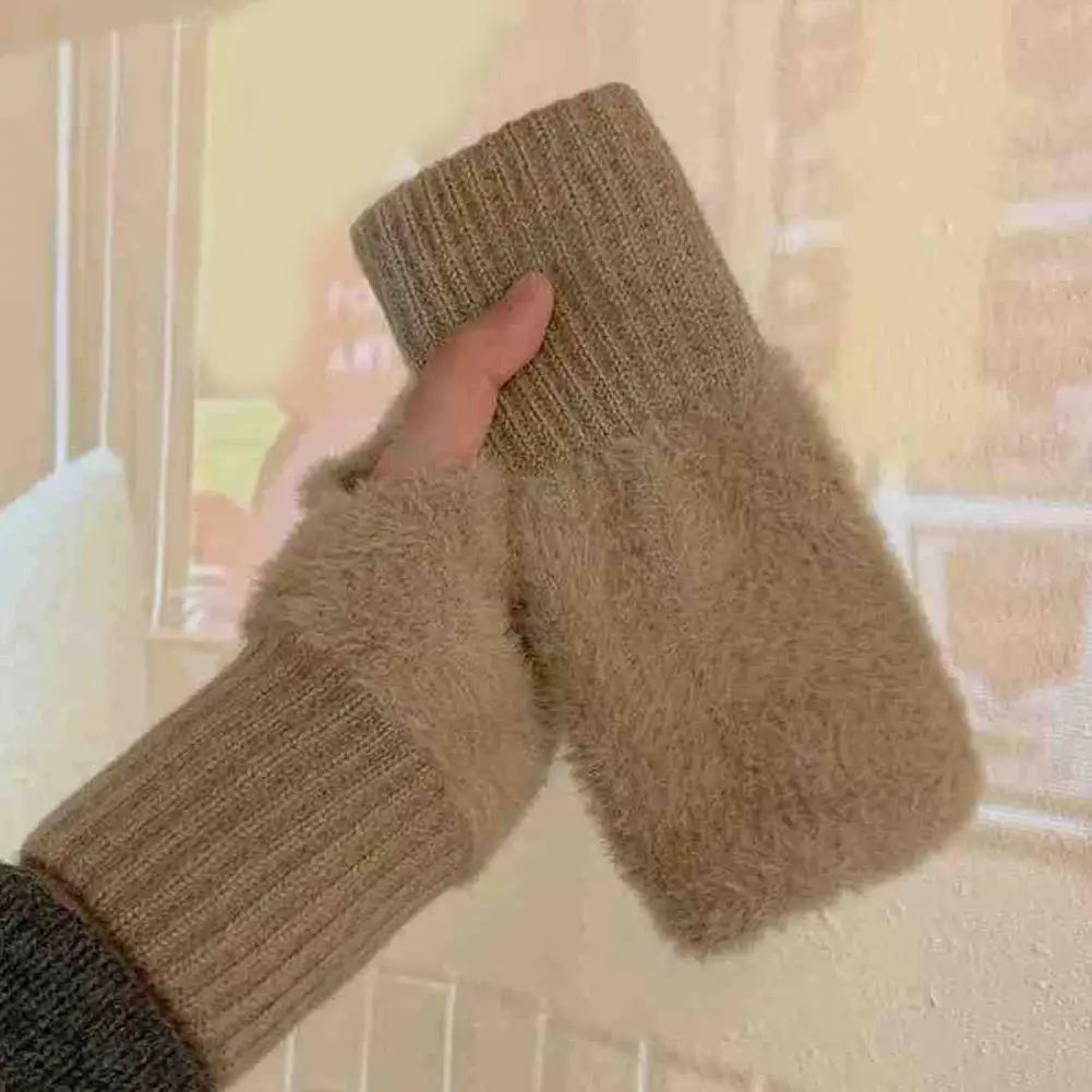 Half-finger Plush Winter Gloves Touch Screen Cold-proof  Warm Fingerless Knitted Wrist Guard Student Office Writing Work Outdoor