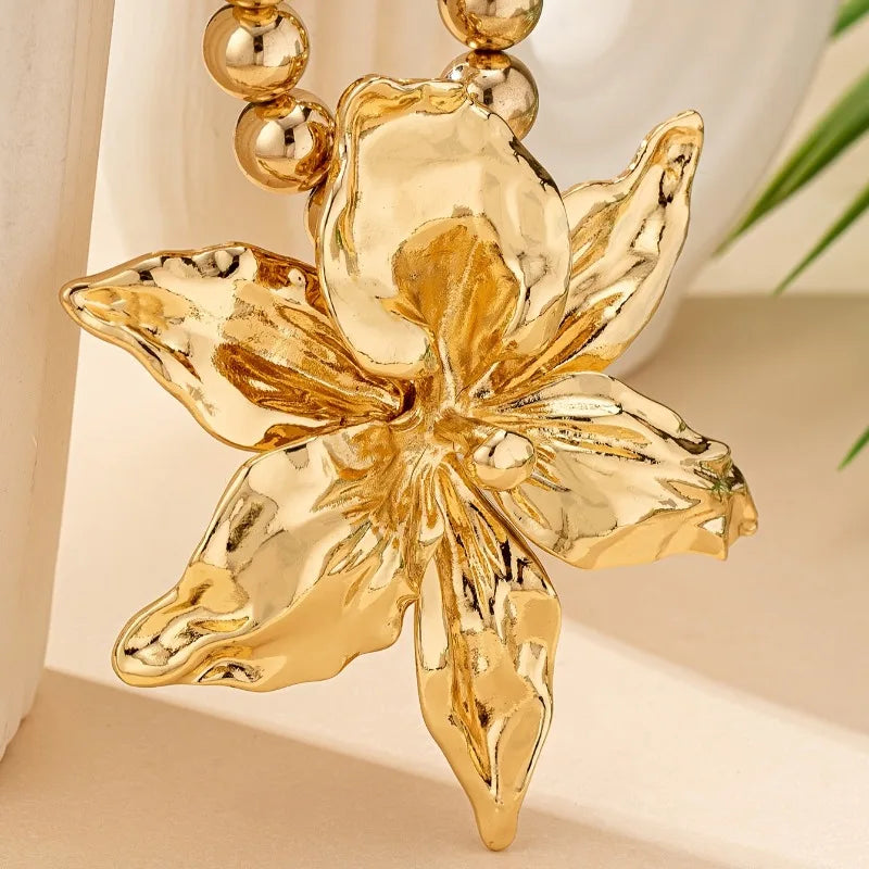 1pc Boho Beaded Chain Metal Large Volume Flower Pendant Necklace for Women Daily Occasion Party Evening Wear