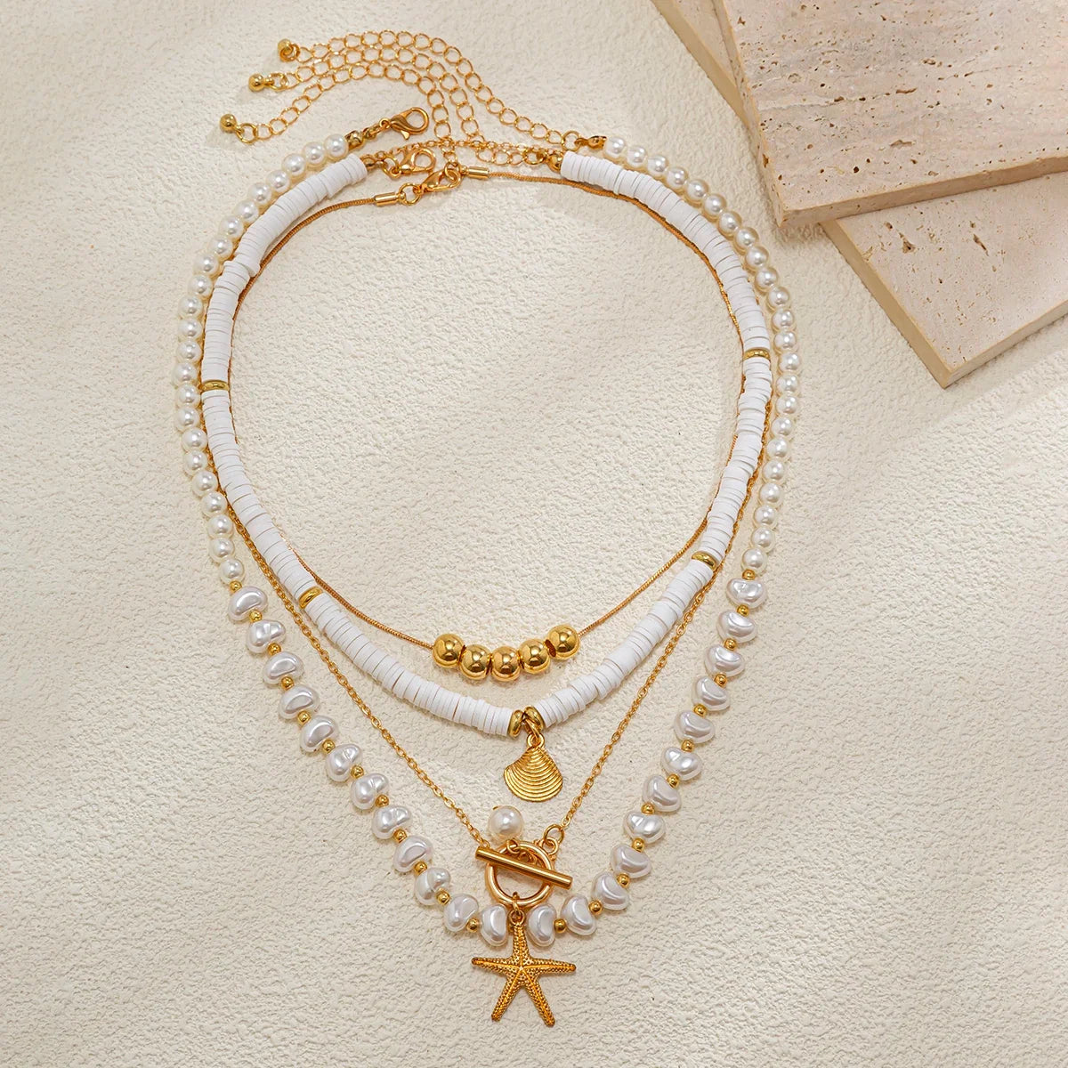 Ingemark 3Pcs/Set Bohemian Scallop Starfish Pendant Necklace for Women  Elegant Imitation Pearl Chain Jewelry Accessories Gift