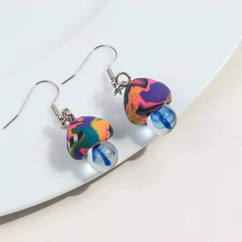 New Cute Polymer Clay Mushroom Acrylic Drop Earrings for Women Cartoon Colorful Flower Pendant Earring 2024 Trend Jewelry Gift