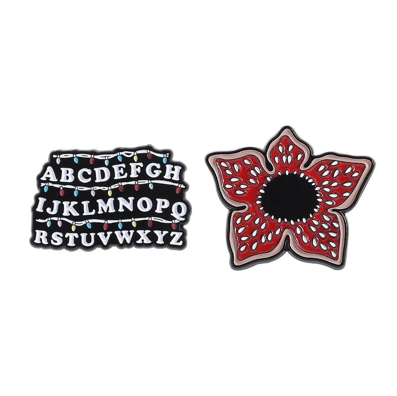 Sci-fi Horror Movies Brooch Enamel Pins Red Cannibal Flowers And 26 English Letter Brooches Backpack Lapel Badge Jewelry Gifts