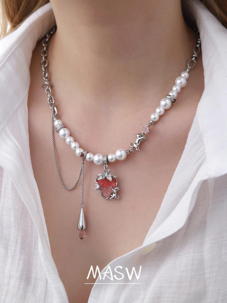 MASW Original Design Elegant Temperament Pink Strawberry Pendant Necklace For Women Wedding Gifts Modern Jewelry Accessories