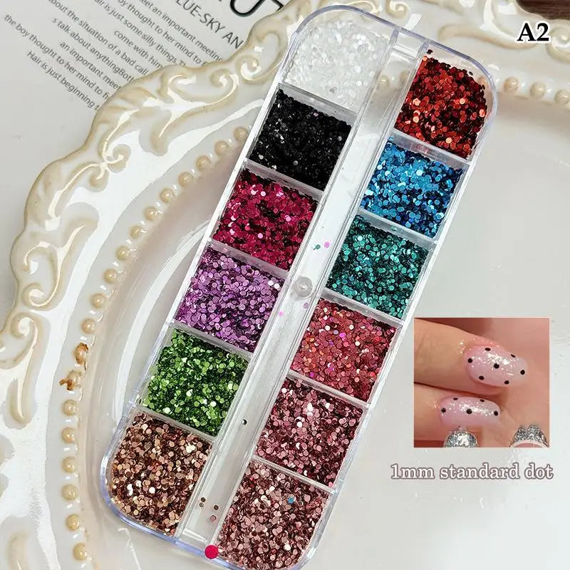 *12 Grids Mixed Mini Circular Colorful Nail Glitter Wave Point Sequin Sparkling Flower DIY Nail Decoration Nail Charms