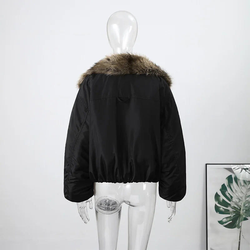 Fashion Faux Fur Patchwork Cotton Coat Women Lapel Zipper Pocket Cropped Street Warm Jacket 2026 Winter Lady Puffer Jackets New