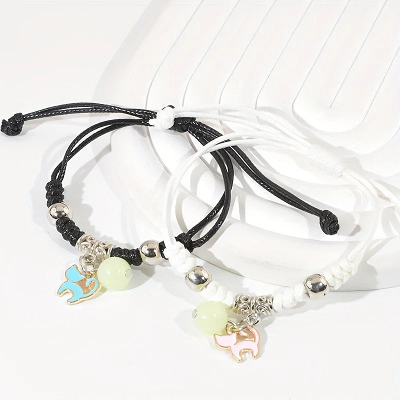 2PC Fashion Luminous Beads Star Couple Bracelet for Women Men Charm Cat Flower Heart Moon Love Matching Friend Bracelet Jewelry