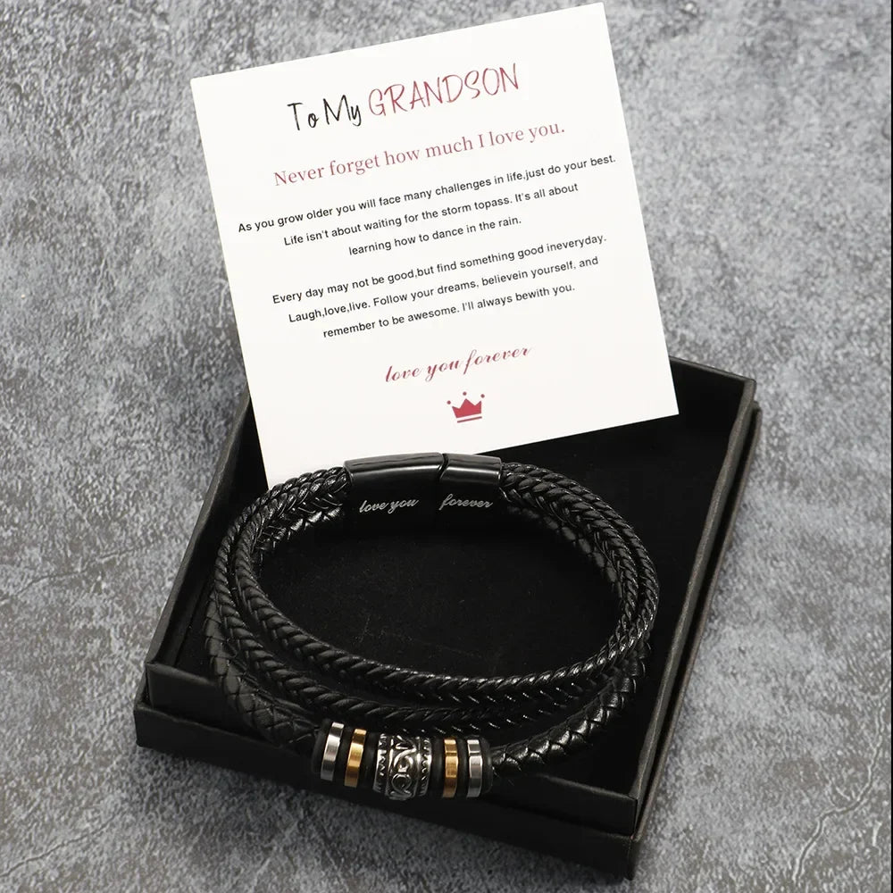 Bracelet for Son/Grandson From Parents, Stainless Steel Leather Bead Grown Up Meaningful Graduation Gifts for His Birthday 8.5"