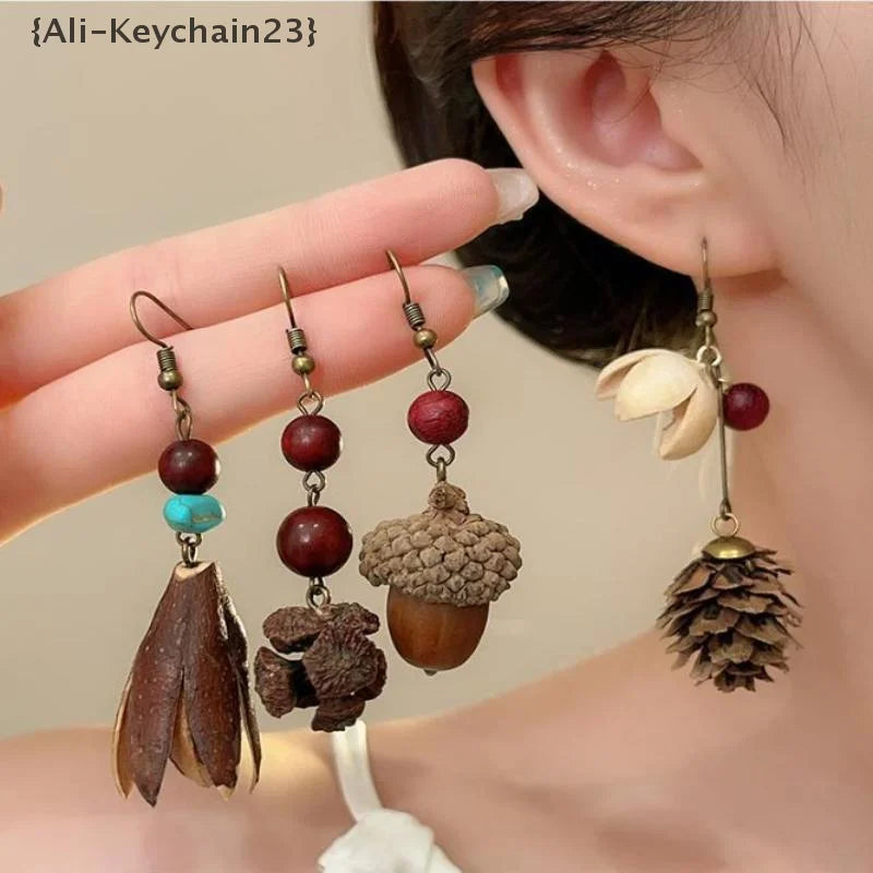 1Pair Vintage Wooden Plant Earring For Women Creative Natural Plant Dried Fruits Drop Earrings Ethnic Jewelry