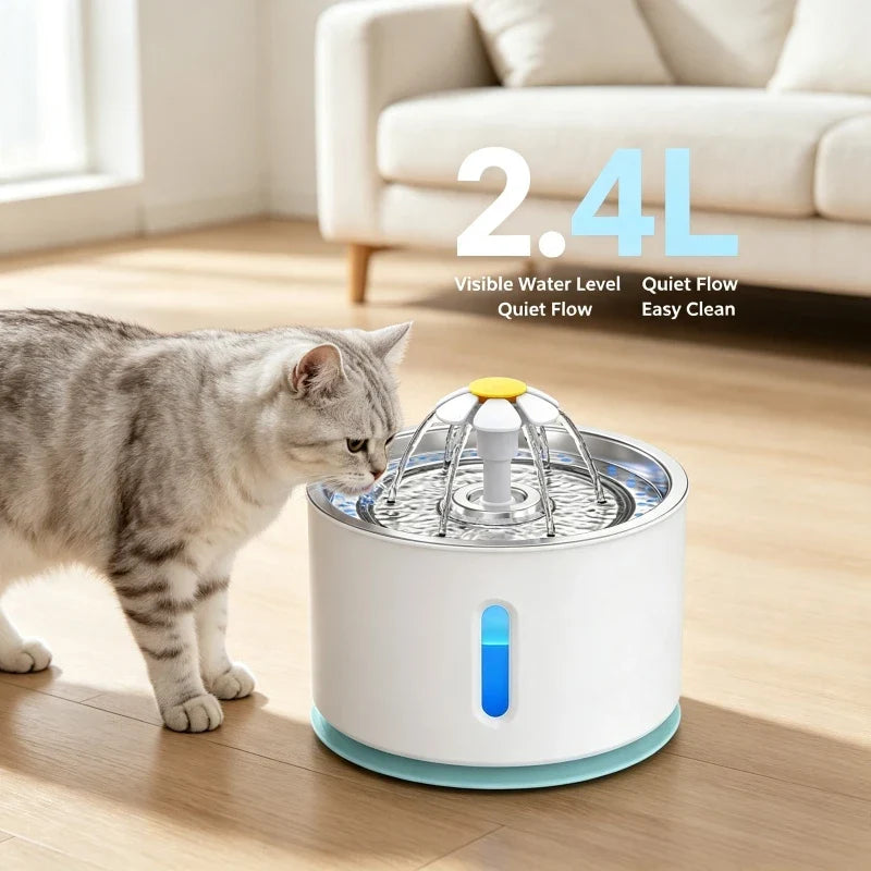 Pet Water Fountain Quiet Pump Visible Water Level 4-Layer Filter Flower Nozzle Cat Dispenser Drinking Bowl Cats Small Dogs Home