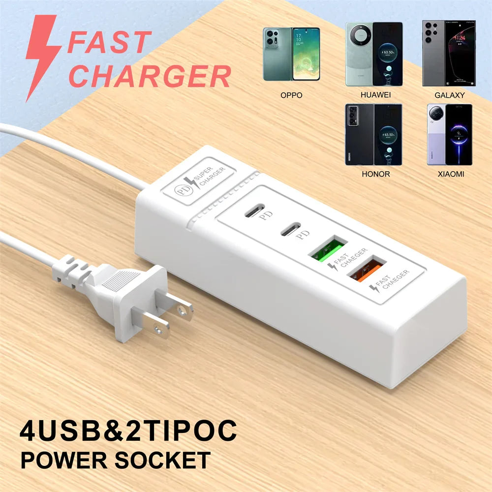 Multi Ports USB C Charger Power Strip PD Type C Fast Charging Wall Charger Socket Quick Charge 3.0 EU/US/UK Plug Power Adapter