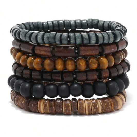 6/4PCS 3Style PU Wodeen Braided Wrap Leather Bracelet for Men Vintage Life Wood Beads Fashion Male Armband