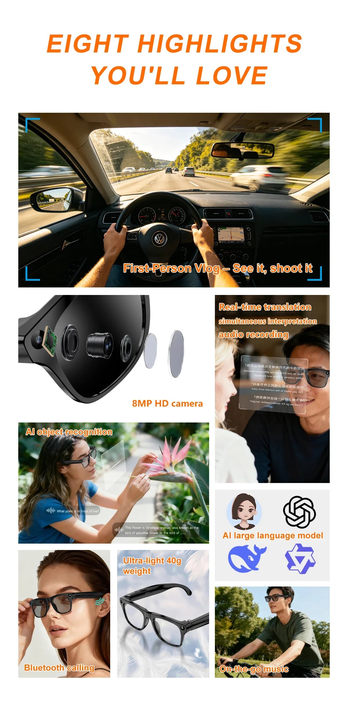 Lenovo Upgrade Smart AI Glasses 800W HD 8K Shooting Camera Photo Video Voice Call Translation Bluetooth AI Motorcycle Glasses