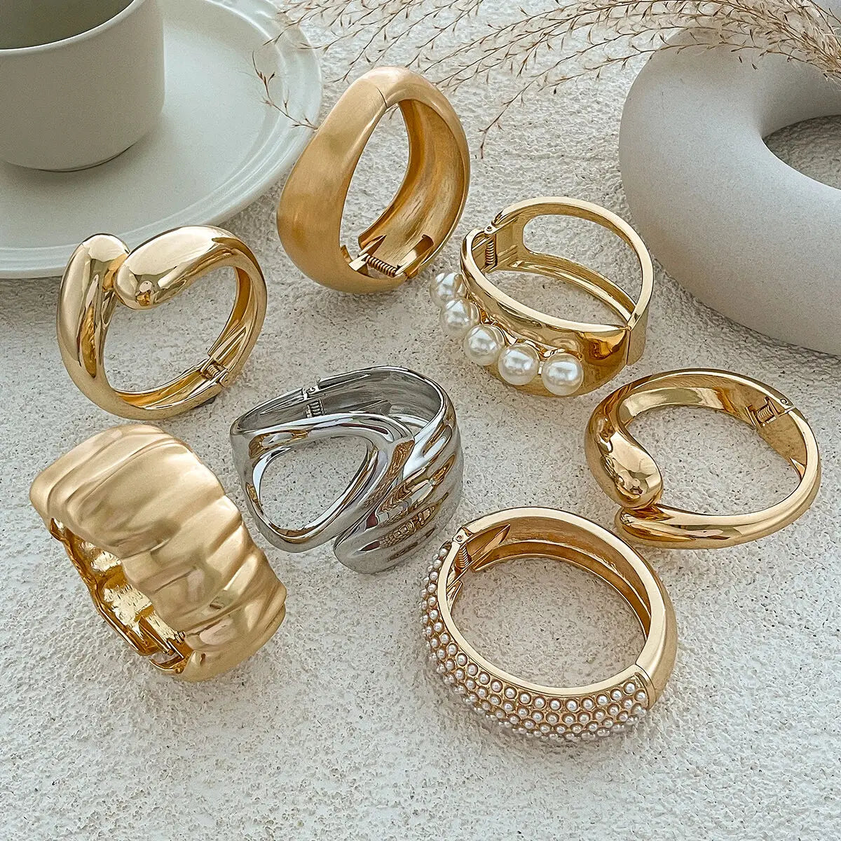 SHIXIN Design Geometric Water Drop Gold Color Wide Spring Bangles for Women Elegant Imitation Pearl Cuff Bracelets New Jewelry