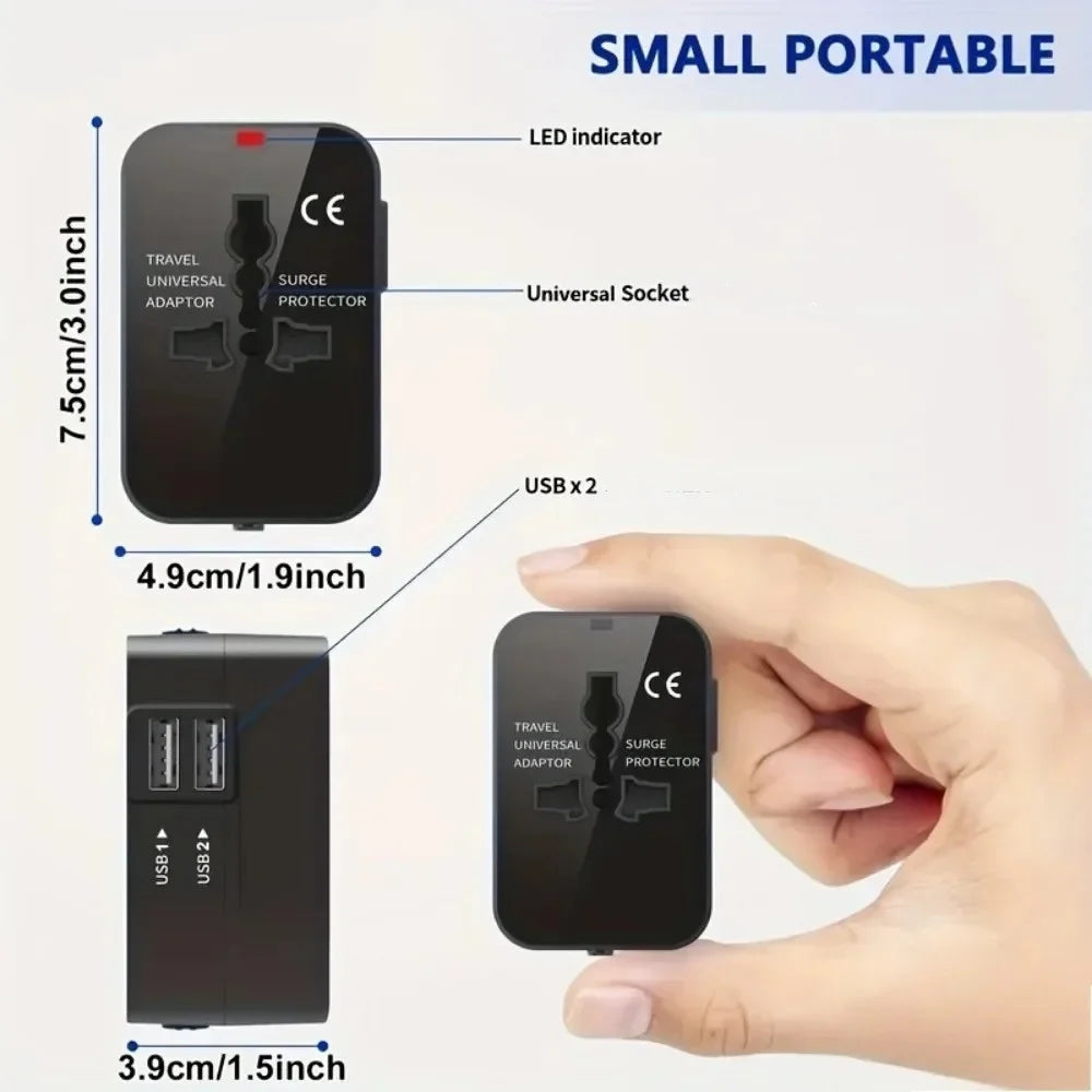 International Travel Plug Adapter EU US UK AU to Universal AC Power Converter Socket with 2 USB Ports Safety Shutter Locking
