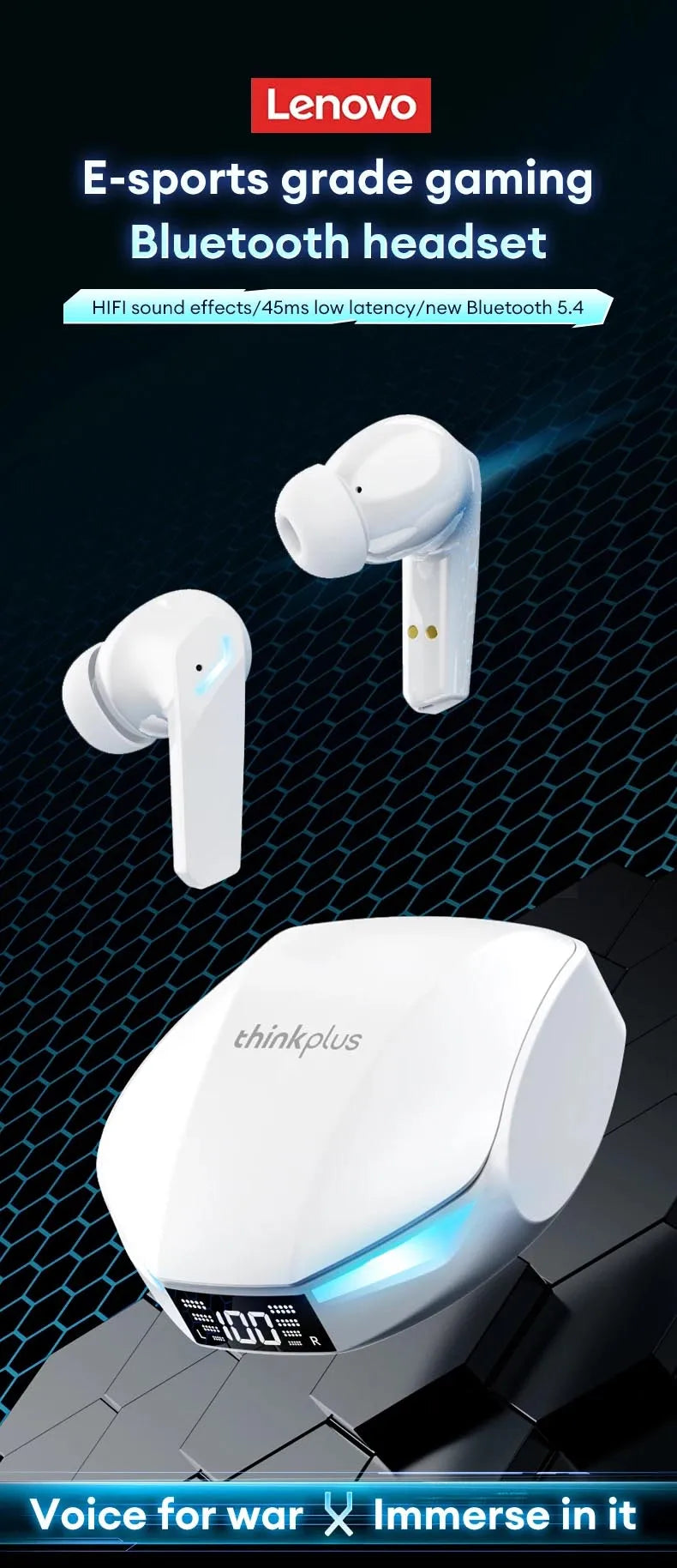 Choice Lenovo XT53 Earphone Wireless Bluetooth 5.4 Headphones Low Latency Gaming Headset Noise Reduction LED Display Earbuds New