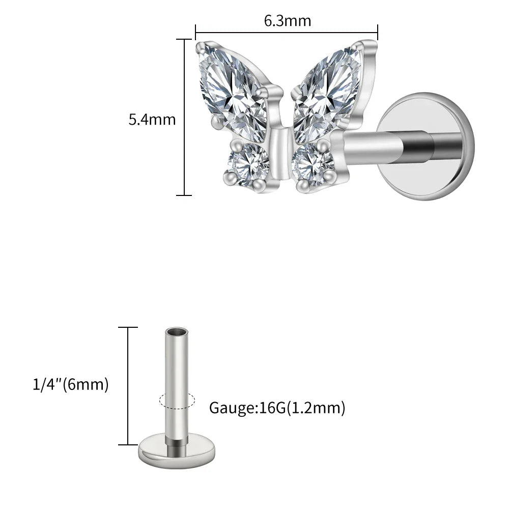 Right Grand ASTM F136 Titanium 16G Mini Butterfly CZ Labret Tragus Cartilage Conch Forward Helix Stud Nose Piercing Body Jewelry