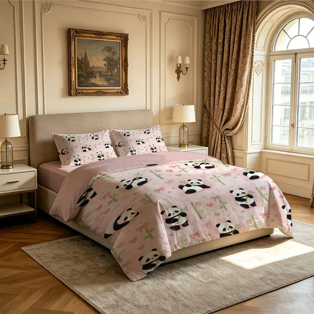 3pcs Cartoon Panda Print Coreless Duvet Cover Cool Summer Lightweight Bedding Set Multi Size Bedroom Bedding Decoration