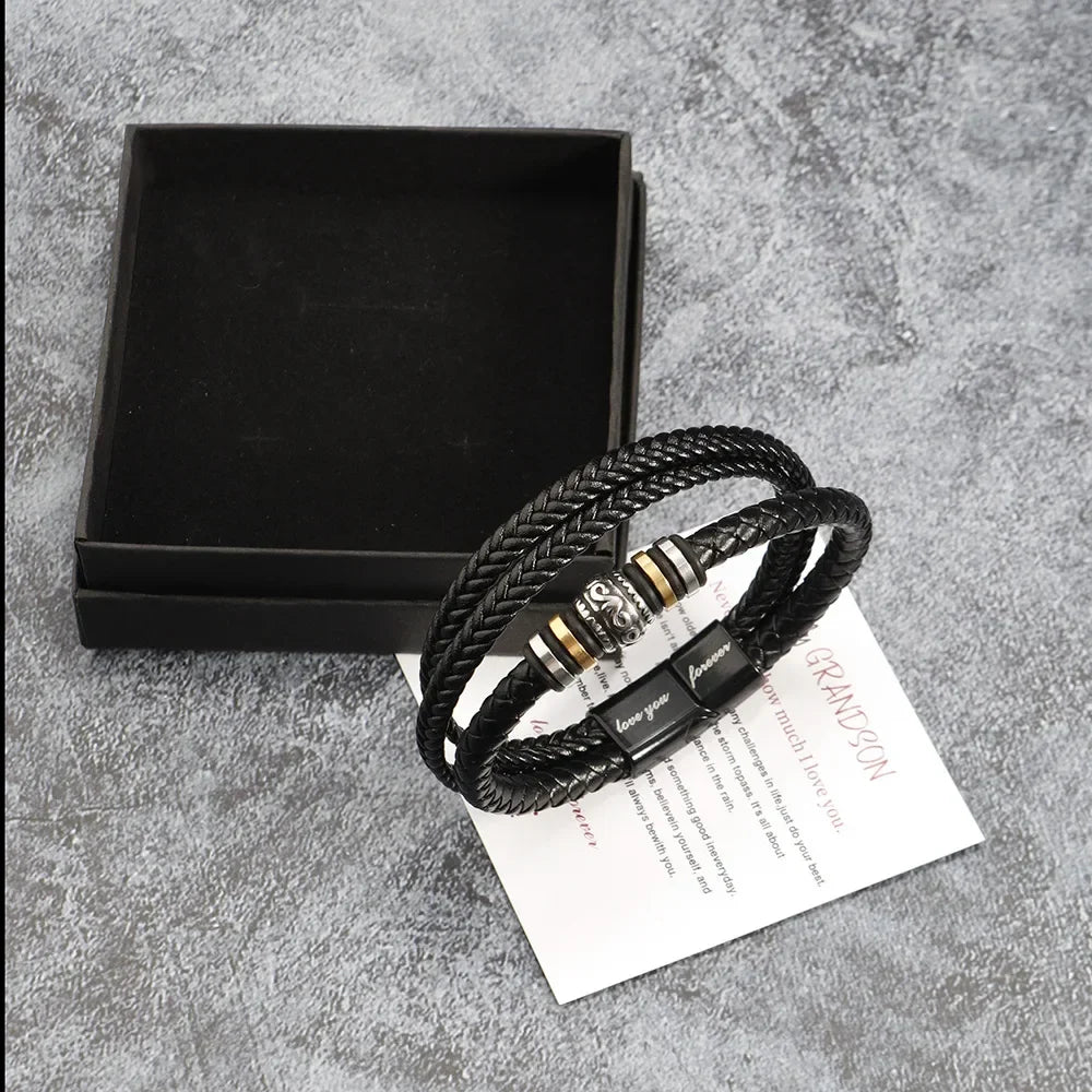 Bracelet for Son/Grandson From Parents, Stainless Steel Leather Bead Grown Up Meaningful Graduation Gifts for His Birthday 8.5"