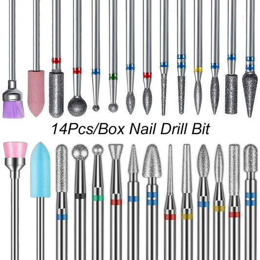 14pcs/set Nail Drill Machine Bit Nail Gel Removal Polishing Tools Pedicure Manicure Rotary Grinding Buffer Polisher