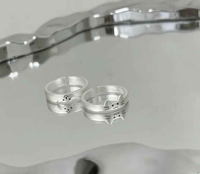 2pcs Simple Design Cute Cat Dog Animal Adjustable Couple Ring for Women Men Cartoon Fashion Couple  Friends Rings Jewelry Gifts