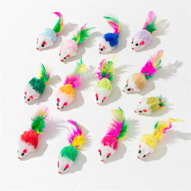 Interactive Cat Toy Realistic Mouse Shape with Rabbit Fur Feathers for Kitten Indoor Play Exercise Hunting Training
