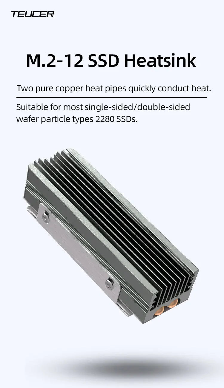 TEUCER M.2 NVMe 2280 SSD Heatsink Dual Copper Tube High Efficiency Radiator with Double-sided SSD Thermal Pad