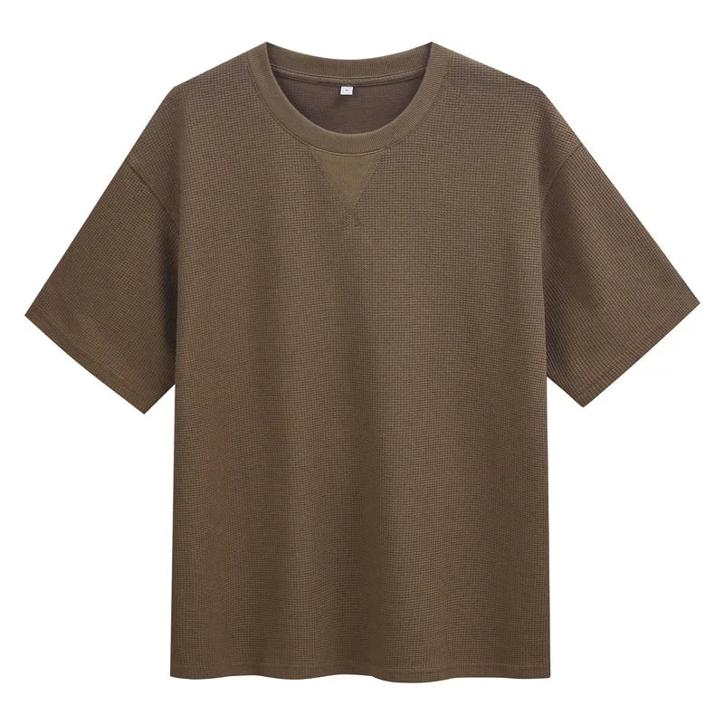 2026 New Men's Summer T Shirt 220g Waffle Round Neck T-shirt Solid Color Loose Simple Short Sleeve Top T Shirts