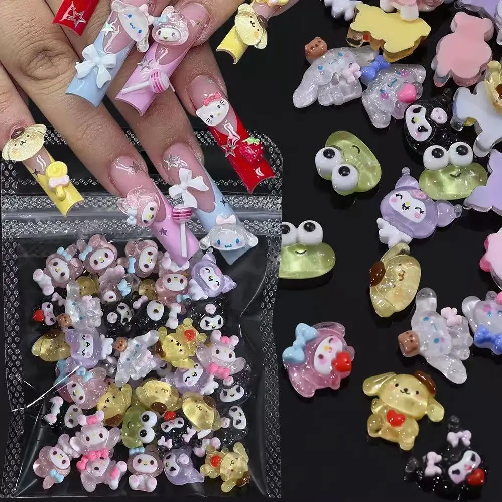 120PCS Box Mixed Hello Kitty 3D Nail Charms Cute Cartoon Resin Ornaments Kawaii DIY Nail Art Manicure Decor Accessories