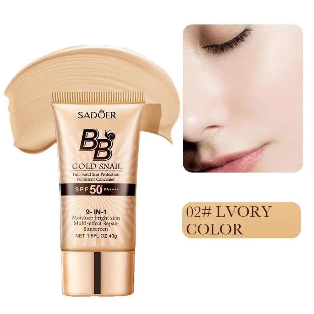 SADOER Gold Snail Sunscreen BB Cream Foundation Concealer Moisturizing Isolation Cream SPF50+PA+++ 40g Facial Moisturizer