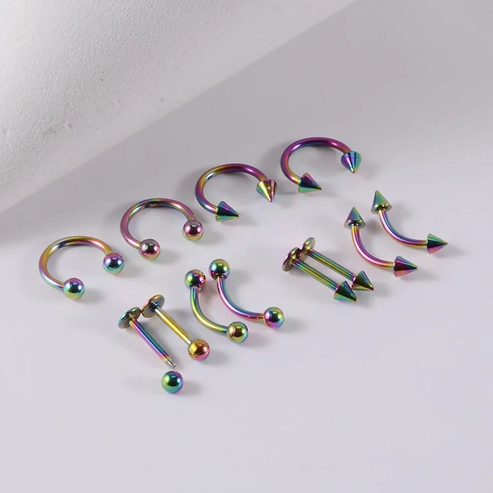 12pcs/Set Surgical Steel Silver Color Gold Plated Black Rainbow Ear Nose Eyebrow Labret Basic Piercing Jewelry Set 8mm