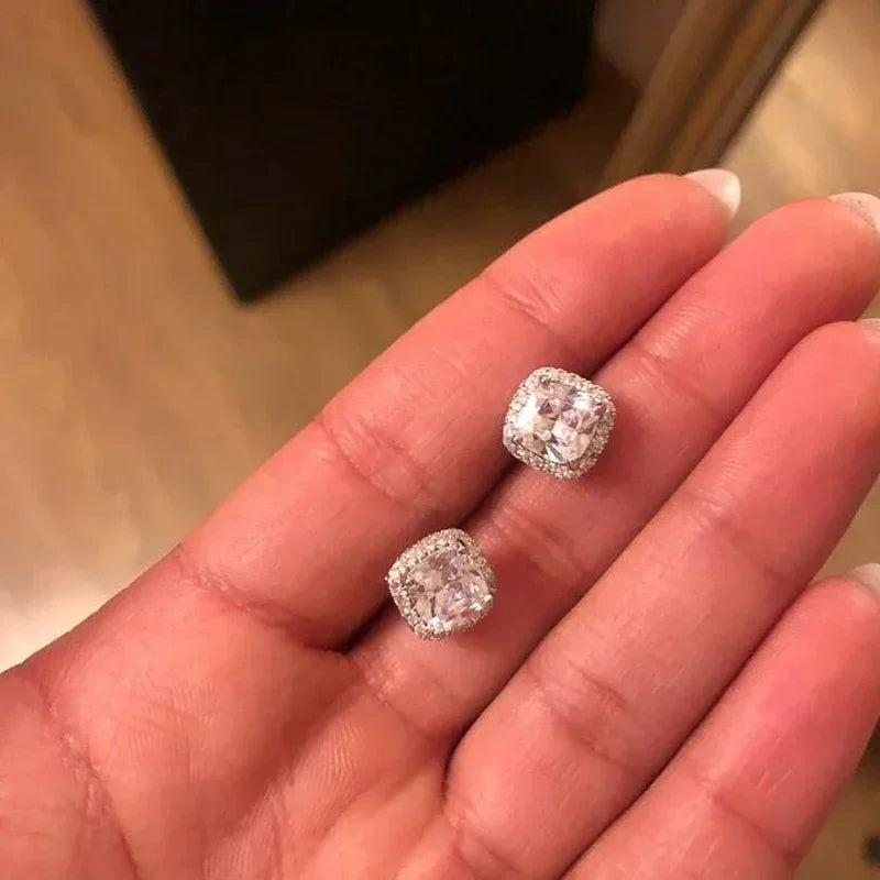 Huitan Classic Cushion Shape Stud Earrings with Brilliant Cubic Zirconia Stone Wedding Engagement Party Luxury Jewelry for Women
