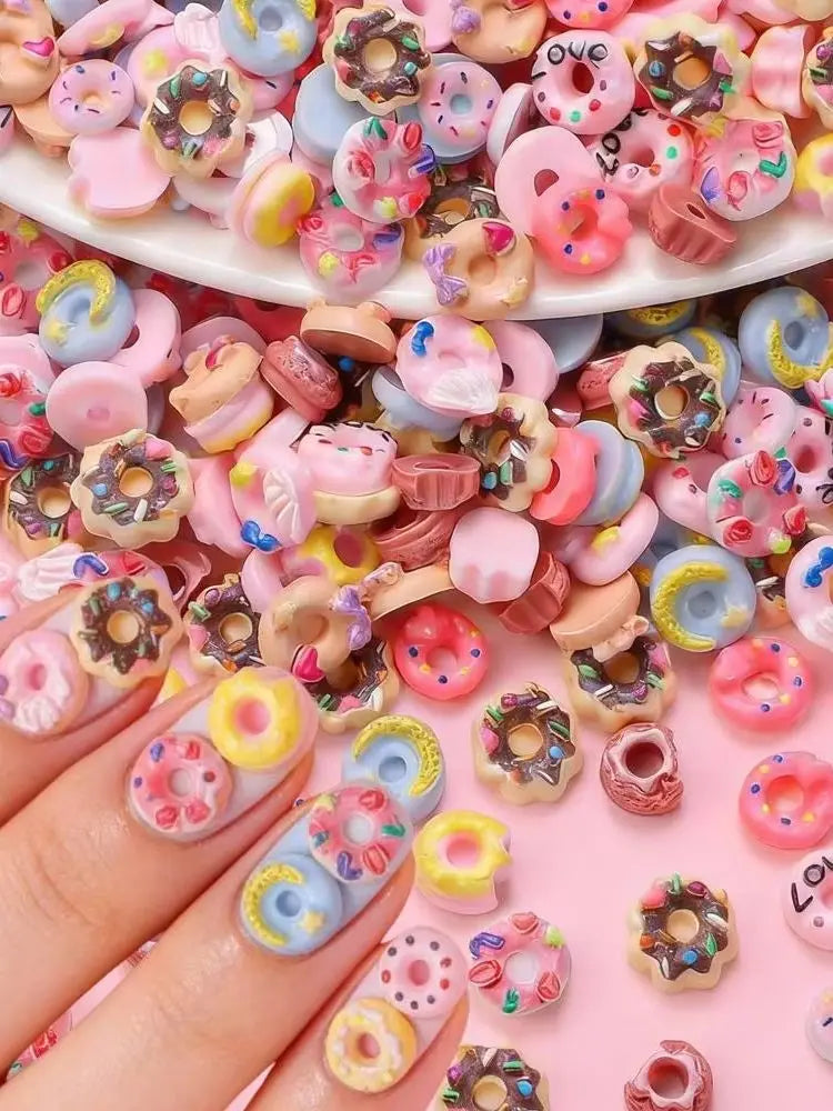 50Pcs 3D Mixed Donut Nail Charms Random Cartoon Flaback Doughnut Nails Art Decorations Kawaii Resin Dessert Manicure Accessories
