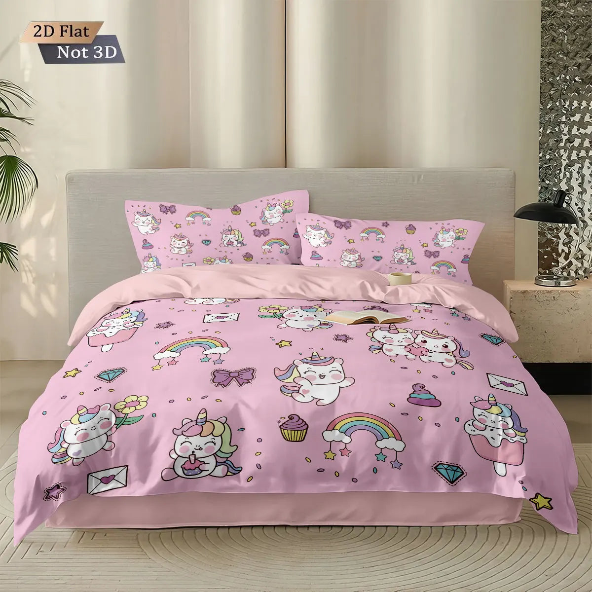 3pcs Cartoon Cute Unicorn Printed Coreless Down Duvet Cover Set, Multi Size Bedroom Bedding Decoration, Machine Washable