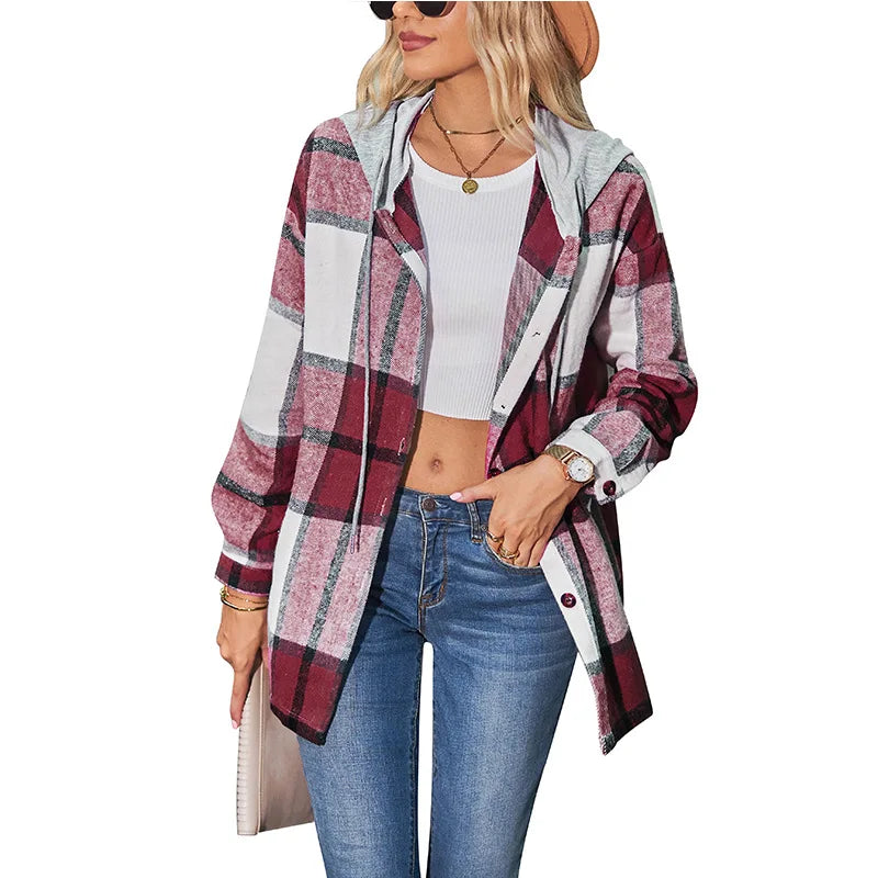 Women Hooded Plaid Wool Coat Blouse Top Spring Summer Fashion Outerwear