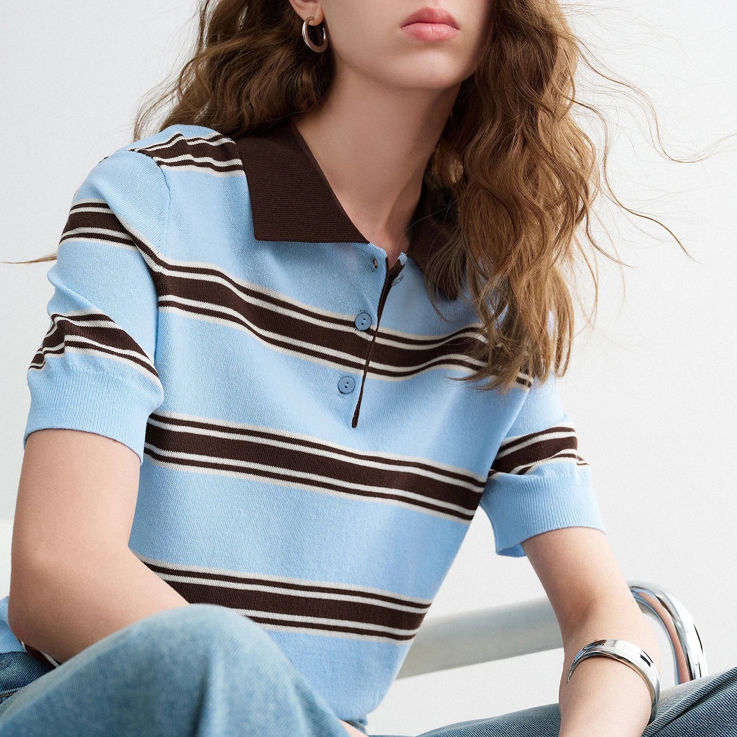 TOYOUTH Women Intellectual Striped Polo Shirt 2026 Spring New Lyocell Linen Breathable Comfort Knit Top