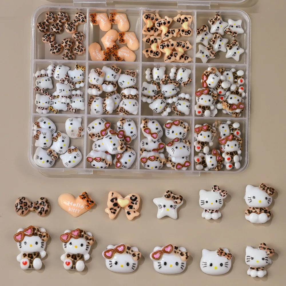 50Pcs Leopard Sanrio 3D Resin Nail Charms Mixed Kuromi My Melody Kitty Nail Parts DIY Manicure Decor Accessories