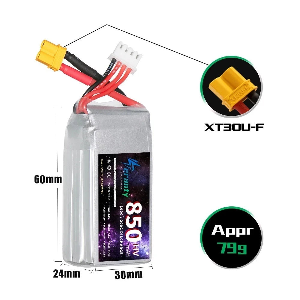 1/2/3PCS TERANTY 3S 11.4V Lipo Battery 850mAh 100C HV With XT30 T XT60 Plug For RC FPV Drone Quadcopter Helicopter Airplane