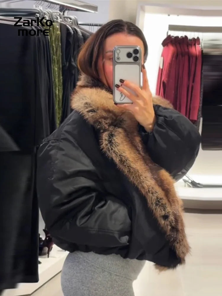Fashion Faux Fur Patchwork Cotton Coat Women Lapel Zipper Pocket Cropped Street Warm Jacket 2026 Winter Lady Puffer Jackets New