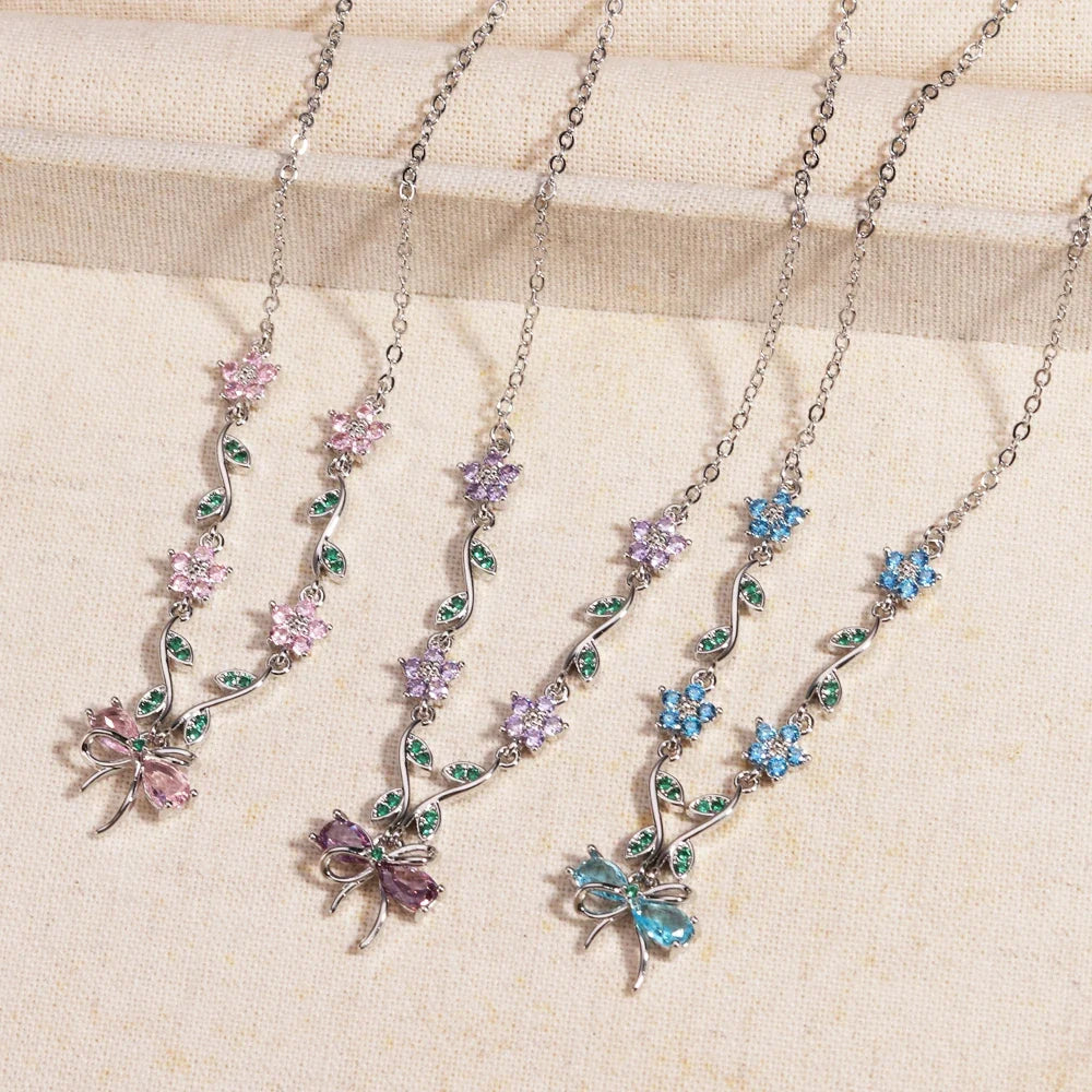Summer New Fashion Exquisite Bow Leaf Flower Necklace For Women's Elegant Pink Zircon Chain Pendant Jewelry Gifts