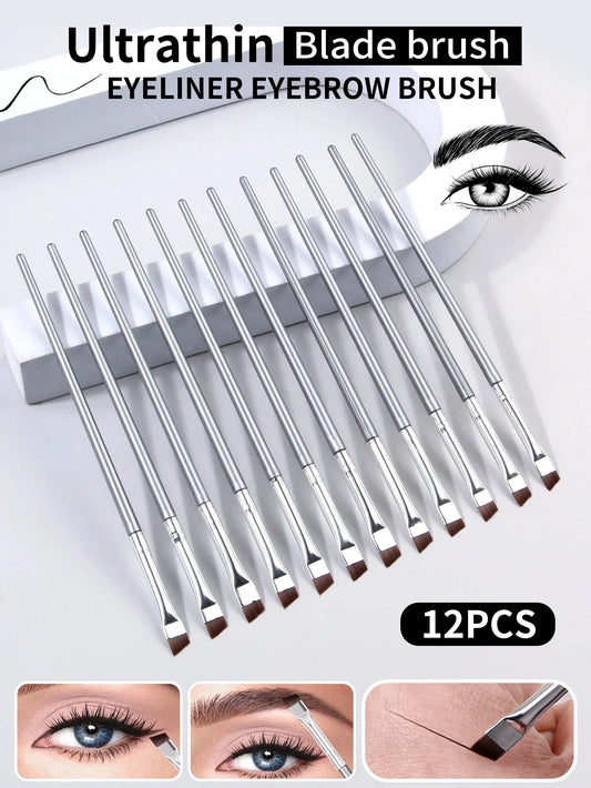 12pcs silvery Super Thin Blade Eyeliner Brush & Soft Makeup Brush Set, Portable Eyebrow Brush & Multipurpose Cosmetic Tool