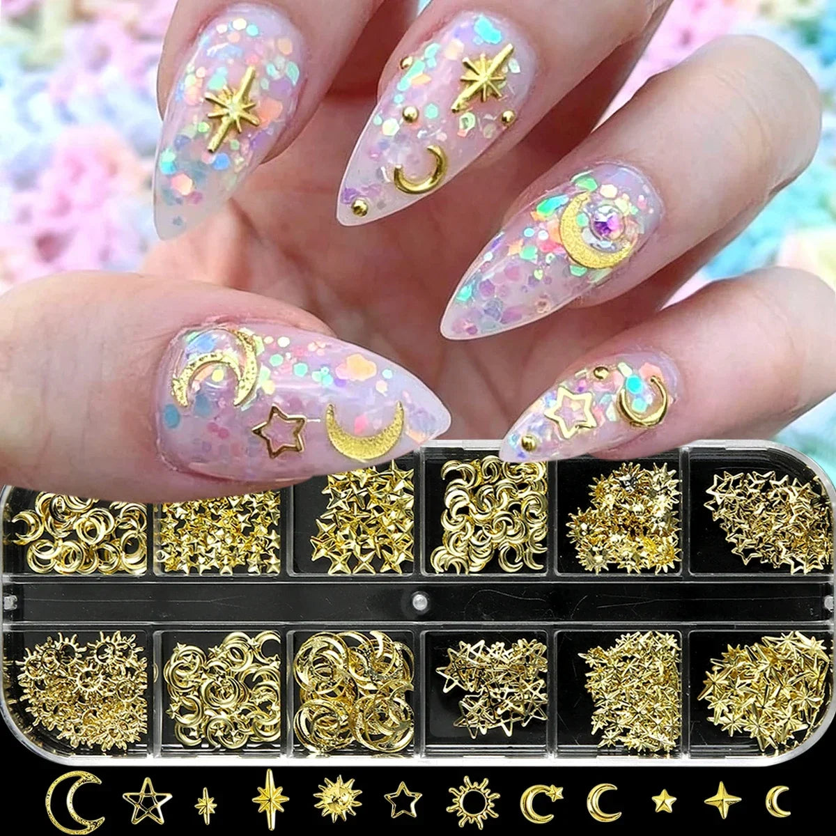 6/12Grids Gold Star Moon Metallic Rivet 3D Nail Charms Alloy Sun Moon Starlight Rhinestones Nail Studs For Nail Art Decoration