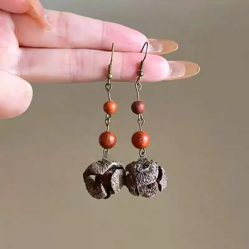 1Pair Vintage Wooden Plant Earring For Women Creative Natural Plant Dried Fruits Drop Earrings Ethnic Jewelry