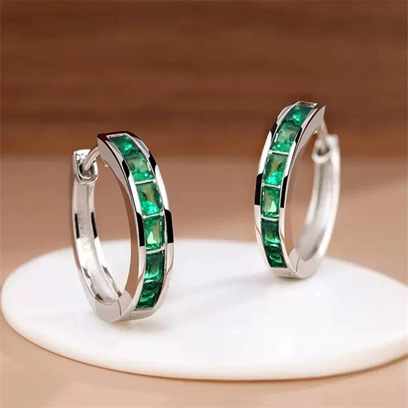 Huitan Hoop Earrings with Princess Cubic Zirconia Exquisite Ear Circle Earrings for Women Silver Color Fashion Versatile Jewelry