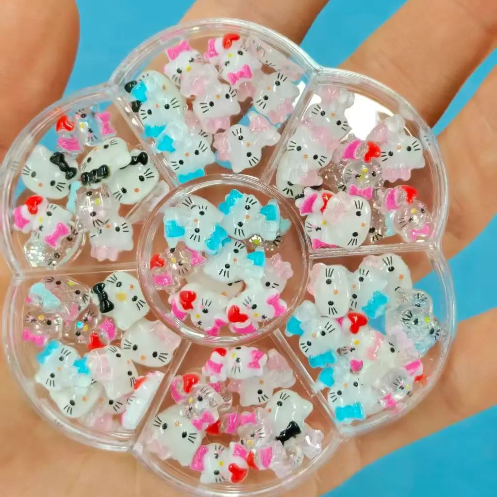 120PCS Box Mixed Hello Kitty 3D Nail Charms Cute Cartoon Resin Ornaments Kawaii DIY Nail Art Manicure Decor Accessories