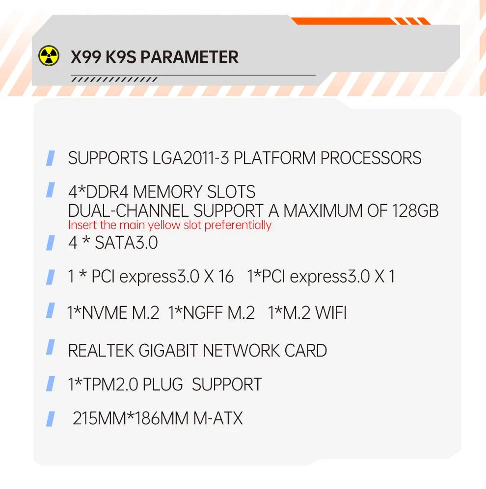 QIYIDA X99 Motherboard LGA2011-3 Slot SATA3.0 USB3.0 NVME M.2 NGFF WIFI Support DDR4 Memory and Xeon E5 V3 V4 Processor TPM14PIN
